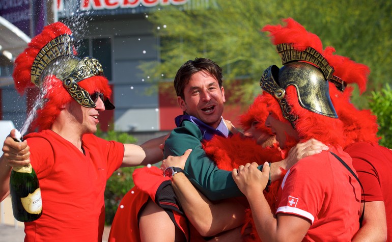 Switzerland's Olymoic champion Steve Guerdat celebrates  with his family and friends after victory in the Longines FEI World Cup™ Jumping Final in Las Vegas (USA). Equestrian - Longines FEI World Cup™ Jumping Final in Las Vegas (USA) date 15/04/2015 - 19/04/2015 Credit: FEI/Arnd Bronkhorst/Pool Pic Disclaimer: Free of charge for editorial use. For further information, contact Ruth Grundy +41 78 750 61 45, ruth.grundy@fei.org